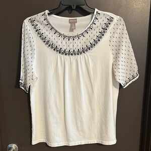 Chico's White and Black Embellished Short Sleeve Blouse